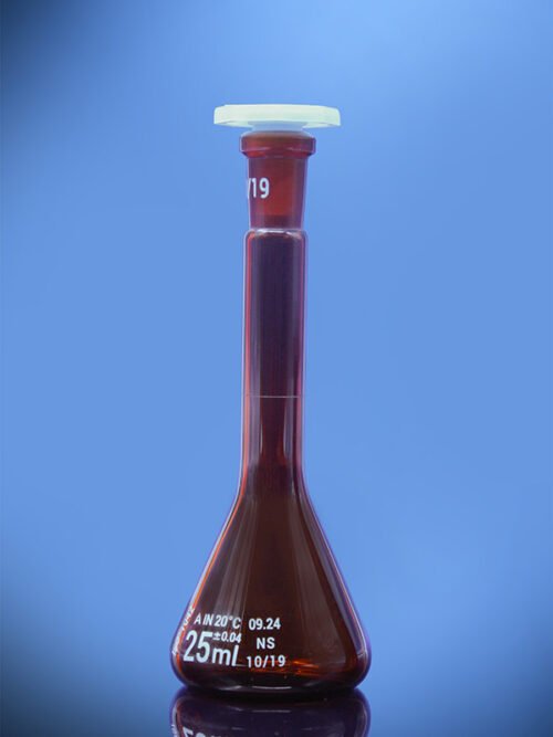 Glassco's Class A Trapezoidal Volumetric Flask with Amber Glass