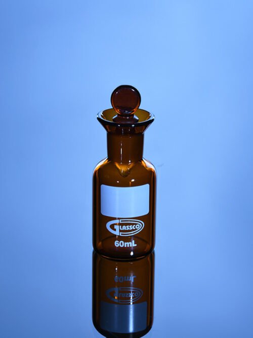 Glassco's Amber BOD Glass Bottle with glass penny head stopper.